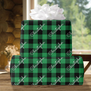 Papel De Presente Nome Personalizado Buffalo Xadrez de Natal Verde