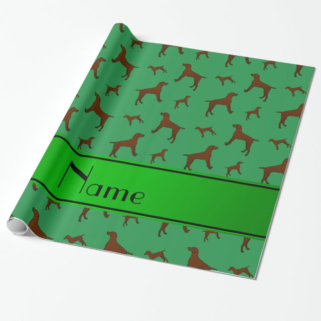 Papel De Presente Nome personalizado Cães Vizsla verdes (Desenrolado)