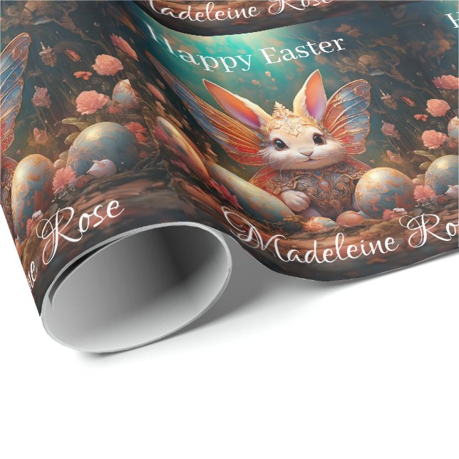 Papel De Presente Nome Personalizado Coelho da Páscoa Feliz com ovos (Ponta do rolo)