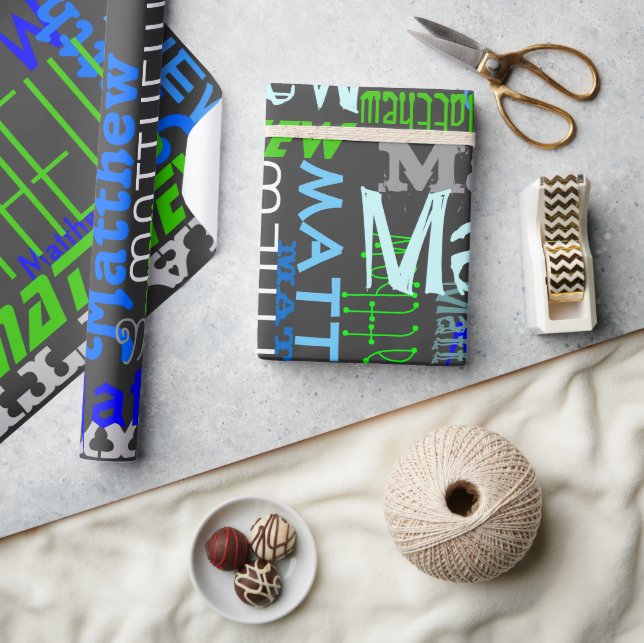 Papel De Presente Nome Personalizado Colagem Azul Colagem de Nome Pe (Artesanato)