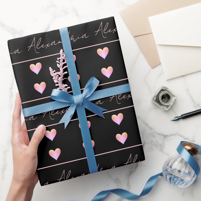 Papel De Presente Nome Personalizado Coração Preto (Presentear)