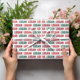 Papel De Presente Nome Personalizado Cores de Natal Vermelho Verde