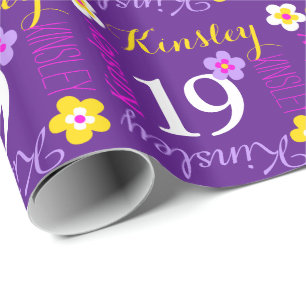 Papel De Presente Nome personalizado da flor idade 19 anos roxo