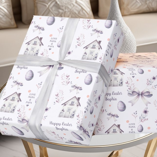 Papel De Presente Nome Personalizado da Primavera de páscoa da da  R (Easter Girl Spring Personalized Name Purple Wrapping Paper)