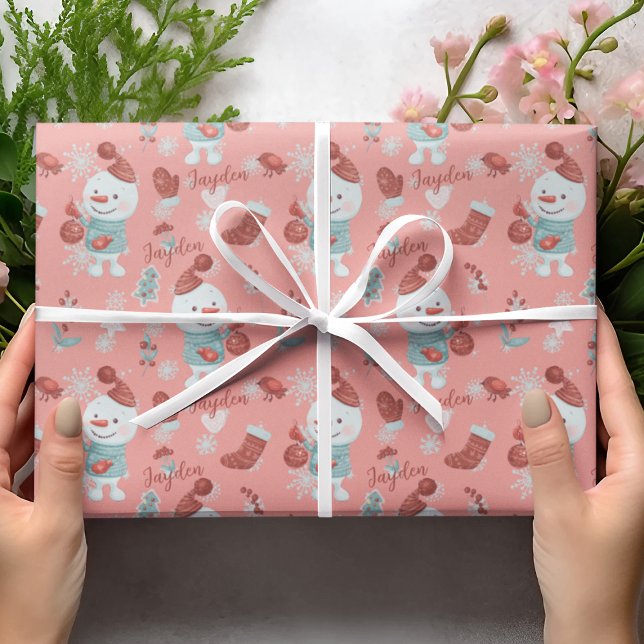 Papel De Presente Nome Personalizado da Rapariga de Pêssego Bonito (Cute Peach Snowman Cartoon Girl Custom Name Wrapping Paper
)
