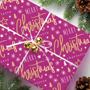 Papel De Presente Nome Personalizado do Script de Natal Merry, cor-d