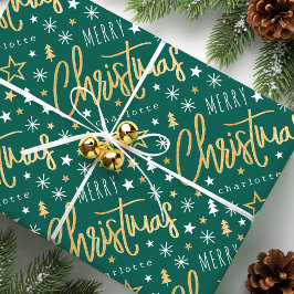 Papel De Presente Nome Personalizado do Script de Natal Merry, Green