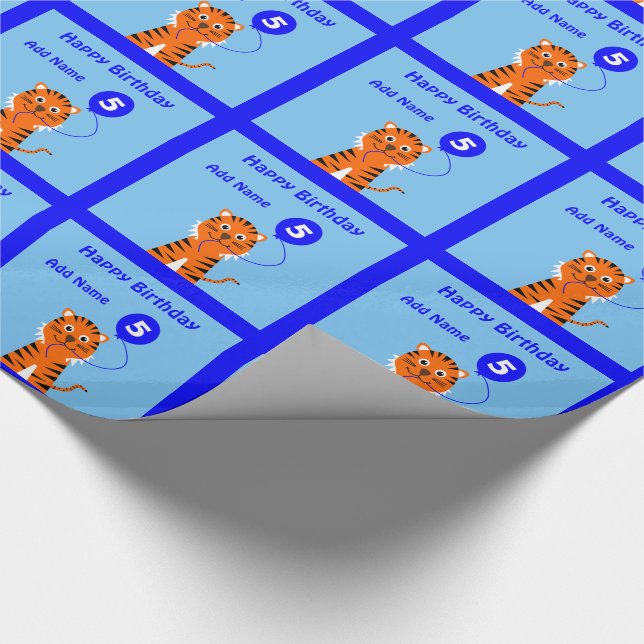 Papel De Presente nome personalizado do tigre de 5 aniversário azul (Ponta)