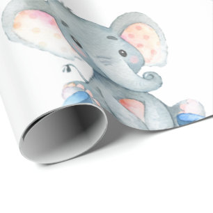 Papel De Presente Nome personalizado Elefant Baby Boy Blue e Cinzas