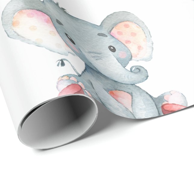 Papel De Presente Nome personalizado Elefant Baby Girl Pink e Cinza (Ponta do rolo)