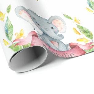 Papel De Presente Nome personalizado Elefant Baby Girl Pink e Cinza
