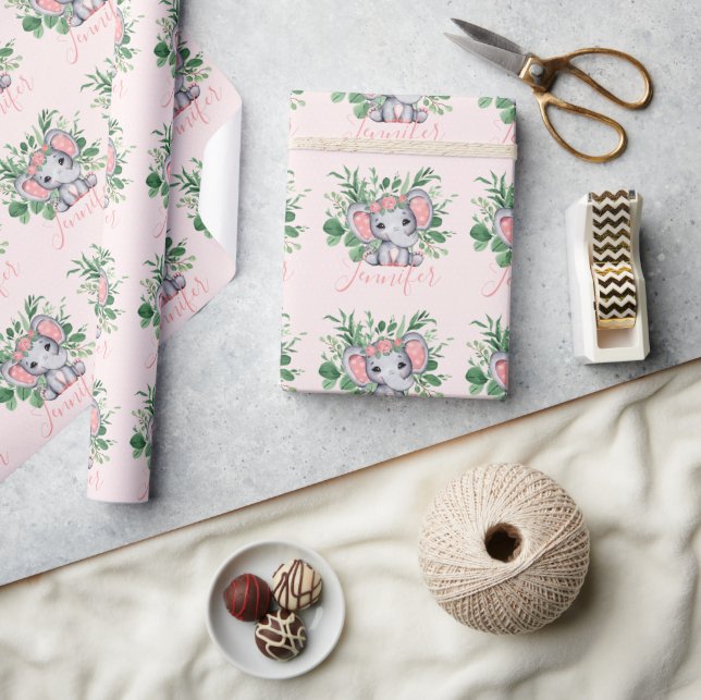 Papel De Presente Nome Personalizado Elefante Menina Bebê Rosa Verde (Artesanato)