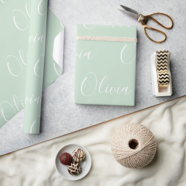 Papel De Presente Nome Personalizado Elegante Verde Menta Moderno (Artesanato)