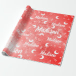 Papel De Presente Nome Personalizado Fada Red Christmas Moon Girl<br><div class="desc">Nome Personalizado Fada Red Christmas Moon Girl com brilho,  lua branca,  estrelas,  folhas botânicas. Uma maneira feminina e fofa de impressionar sua filha no aniversário,  no doce 16 ou em qualquer evento feminino.</div>
