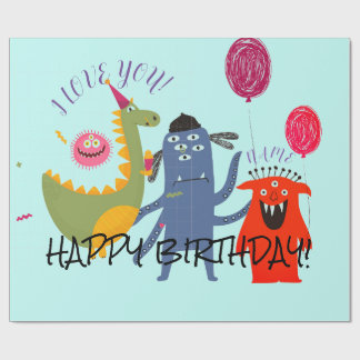 Papel De Presente NOME PERSONALIZADO FELIZ MONSTER BIRTHDAY Wraptor