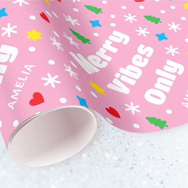 Papel De Presente Nome Personalizado Fofo Natal Rosa Retrô Natal (Criador carregado)