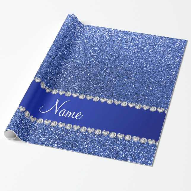 Papel De Presente Nome personalizado glitter azul faixa azul (Desenrolado)