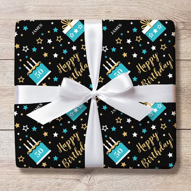 Papel De Presente Nome Personalizado Idade Bolo de Aniversário Azul  (Criador carregado)