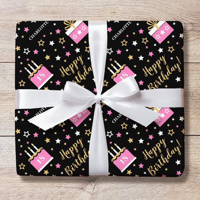 Papel De Presente Nome Personalizado Idade Bolo de Aniversário Rosa  (Criador carregado)