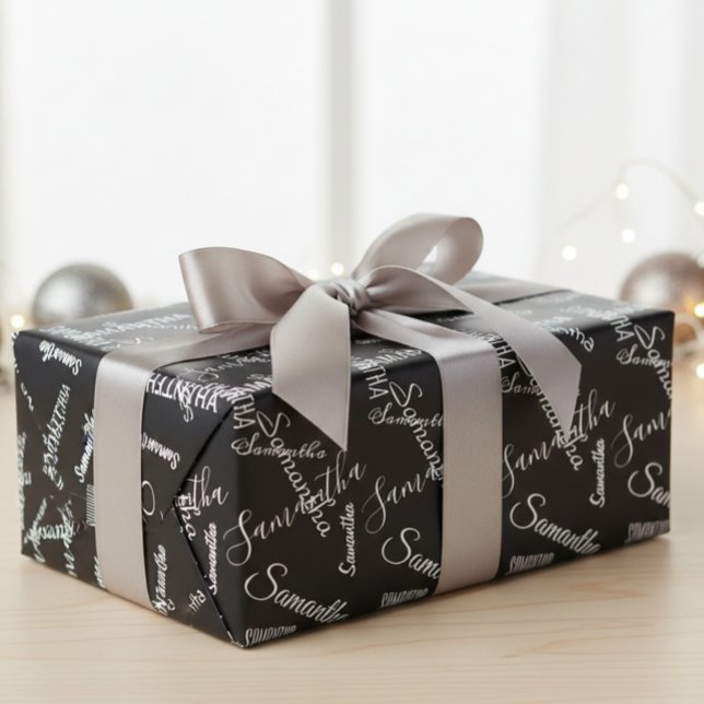 Papel De Presente Nome Personalizado Preto e Branco (Criador carregado)