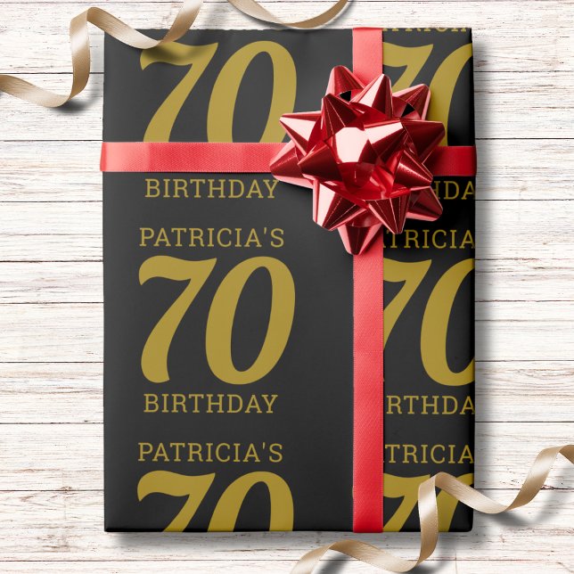Papel De Presente Nome Personalizado Preto e Dourado Texto Aniversár (Criador carregado)
