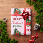 Papel De Presente Nome Personalizado Retro Christmas Girl Tree Rosa<br><div class="desc">Um belo design retro mostrando uma ilustração antiga de uma garotinha dançando ao lado da árvore de Natal. Perfeito para quem ama designs de férias retrorados cor-de-rosa. Personalize o nome e torne-o seu!</div>