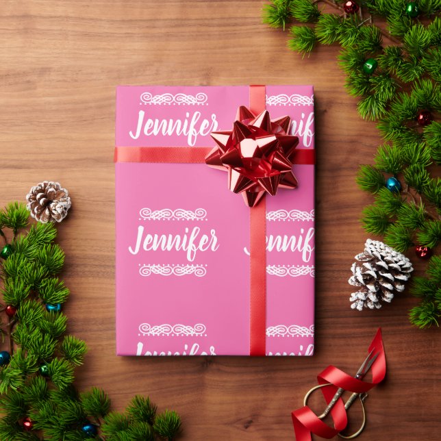 Papel De Presente Nome Personalizado Rosa e Branco (Presente de Natal)