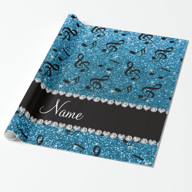 Papel De Presente Nome personalizado sky blue glitter music notes (Desenrolado)