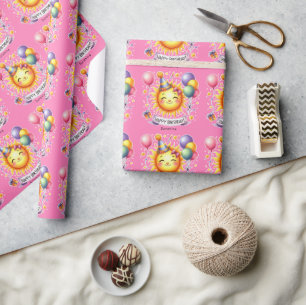Papel De Presente Nome personalizado sunshine Feliz Aniversário Rosa