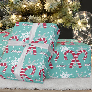 Papel De Presente Nome Personalizado Teal Snowflake Candy Cane Gift