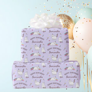 Papel De Presente Nome Personalizado Unicórnio Gatinho Festa de Aniv