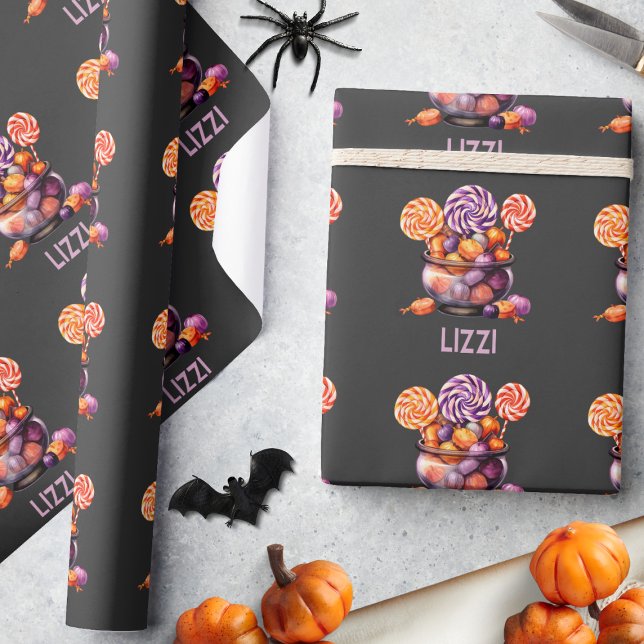 Papel De Presente Nome Purple Orange Trick ou Treine Cute Halloween (Criador carregado)