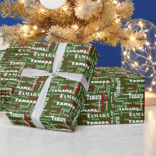 Papel De Presente Nome Repetitivo de Natal Gift Verde Vermelho Branc