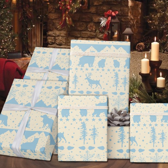 Papel De Presente Nórdico Sweater Sky Blue Winter Animal Beige (Nordic Sweater Beige & Blue Winter Animals Christmas Holiday Wrapping Paper Rolls)