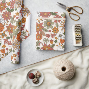 Papel De Presente Nostalgia Retro Groovy Flower Natal dos anos 70