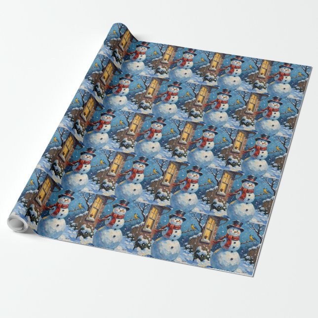 Papel De Presente Nostalgic Happy Snowman with Bluebird Winter Scene (Desenrolado)