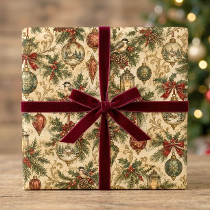 Papel De Presente Nostálgico Natal Vintage Pássaros e Enfeites   