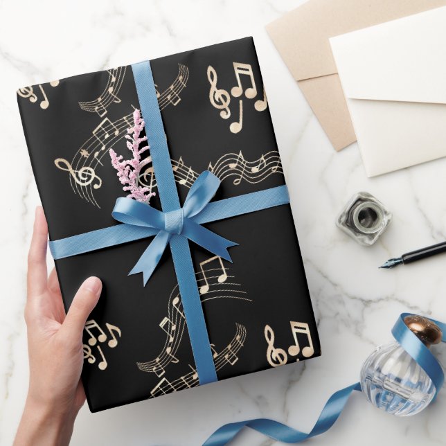 Papel De Presente Notas Musicais Douradas em Preto Médio (Presentear)