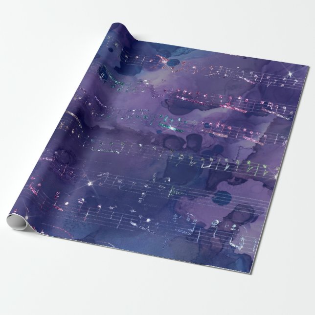 Papel De Presente Notas Musicais Iridescentes em Roxo (Desenrolado)
