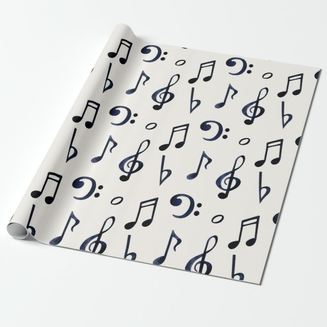 Papel De Presente Notas Musicais Pretas, Claves de Fá e Sol em Branc (Desenrolado)