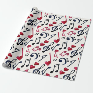 Papel De Presente Notas Musicais Pretas e Vermelhas em Branco