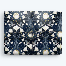 Papel De Presente Nouveau Hummingbird Moon, Arte Elegante Azul e Dou