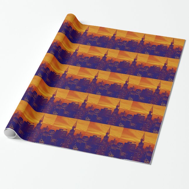 Papel De Presente Nova Iorque Pop de Arte Azul Laranja (Desenrolado)