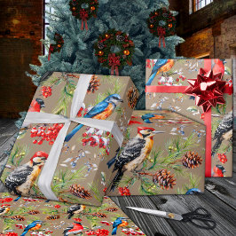 Papel De Presente Noverno Pine Cones & Red Berries Feriado