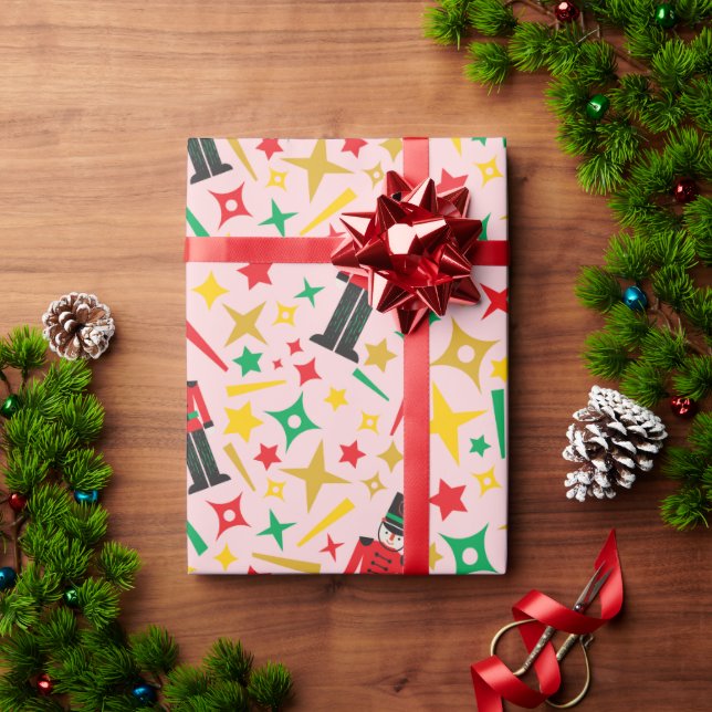 Papel De Presente Nozes Feriais e Estrelas Natal Rosa Festivo (Presente de Natal)