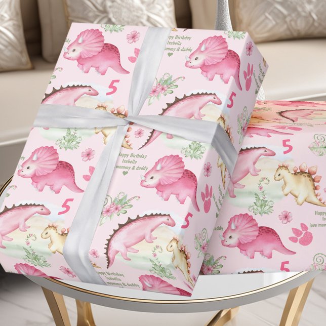 Papel De Presente Numero Personalizado de Aniversário da Rapariga do (Pink Dinosaur Girl Birthday Custom Name Number Wrapping Paper)