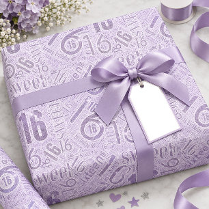 Papel De Presente Nuvem de Palavras Brilho Sweet Sixteen Violeta ID1