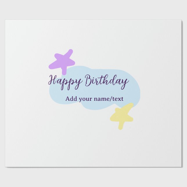 Papel De Presente Nuvens azul pastel estrelas roxo feliz aniversário (Aberto)
