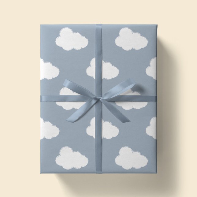Papel De Presente Nuvens Boho Céu Simples Infantil Neutro Azul (Criador carregado)