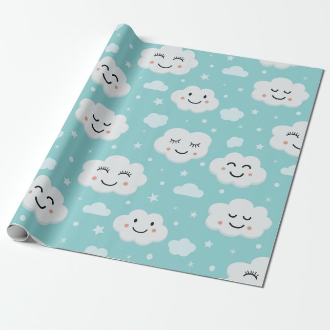 Papel De Presente Nuvens Brancas Sorridente Desenho Animado em Fundo (Desenrolado)